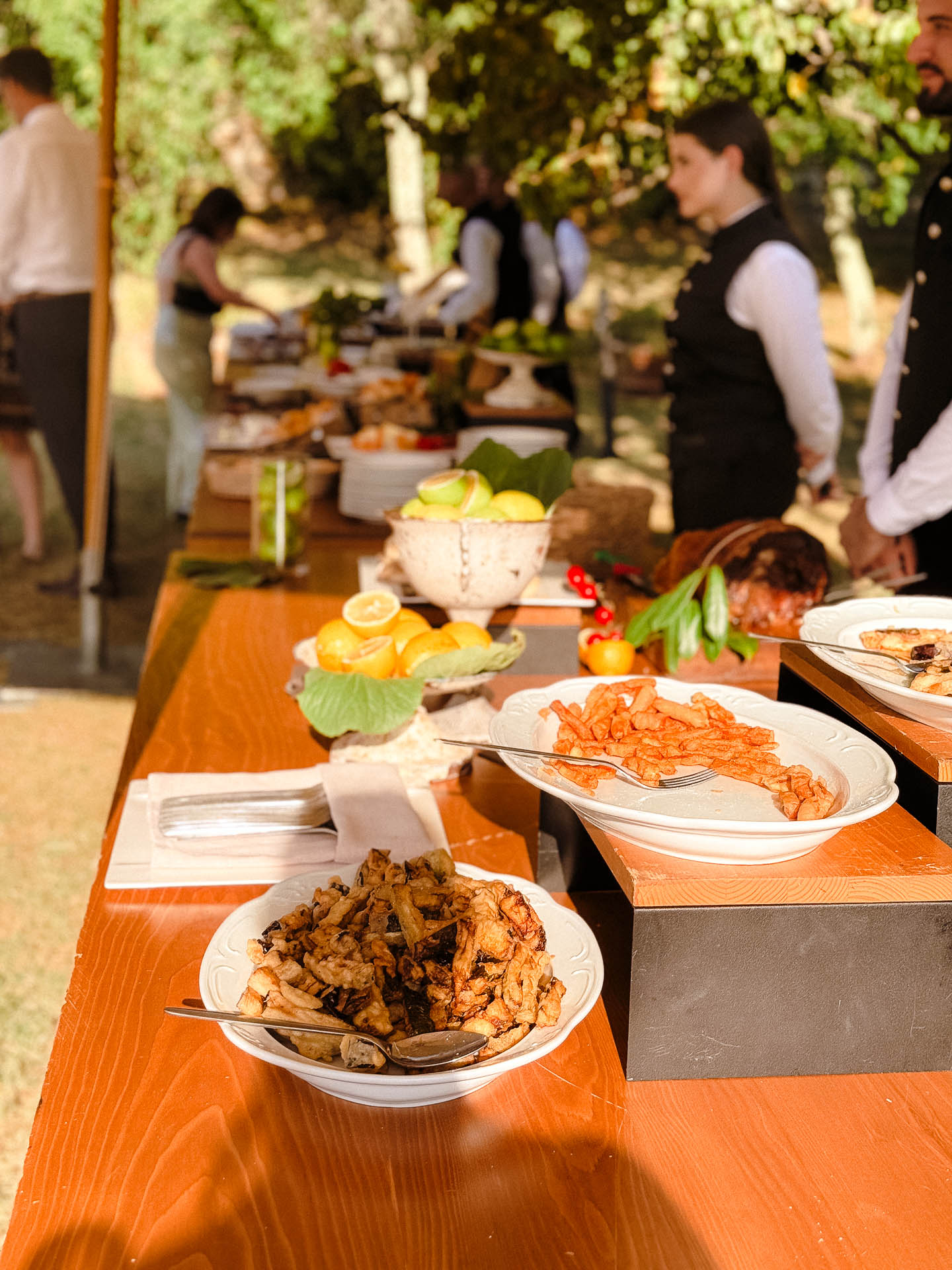 Outdoor buffet setup at a garden party, with bowls of fruit and fried snacks on a wooden table and servers in background.