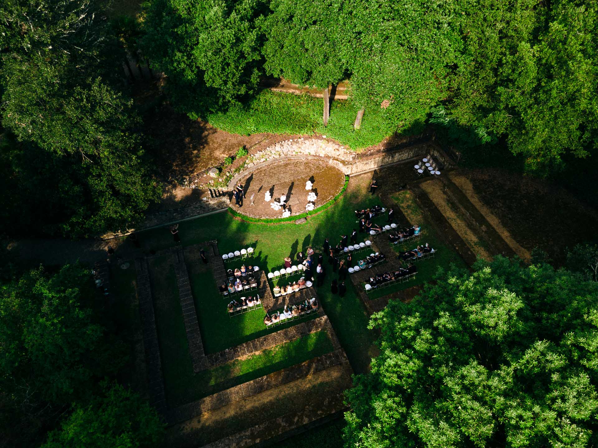 Aerial view of a garden wedding ceremony in Tuscany